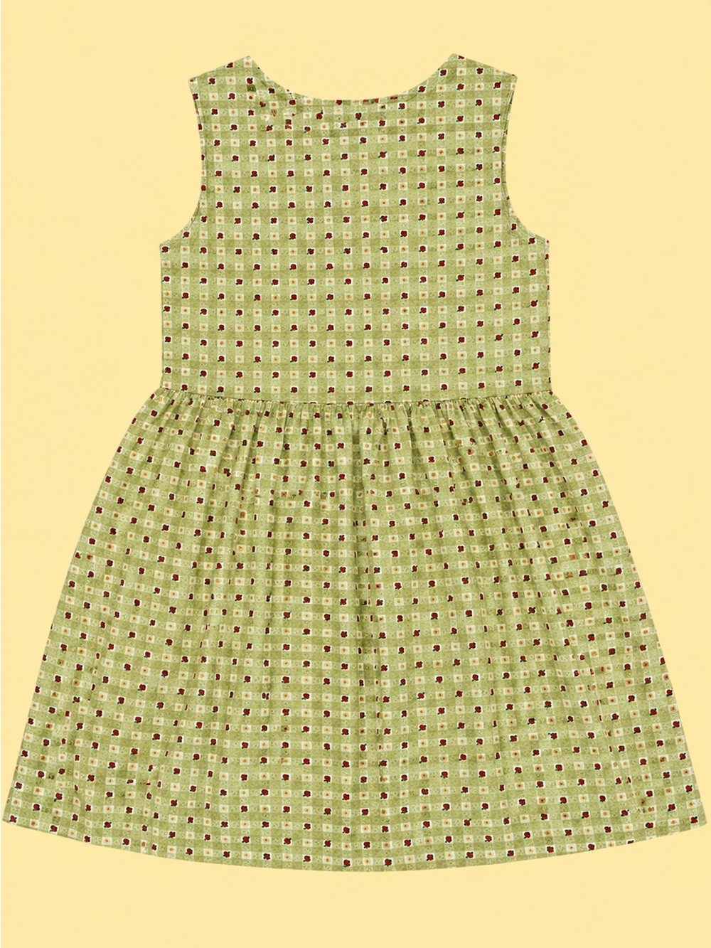 Vintage 80s Girls' Green Checked Cotton Sundress with Apple Pattern